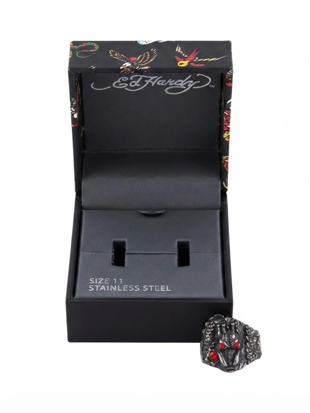 Ed Hardy Black Stainless Steel Dragon Ring with Red Stones